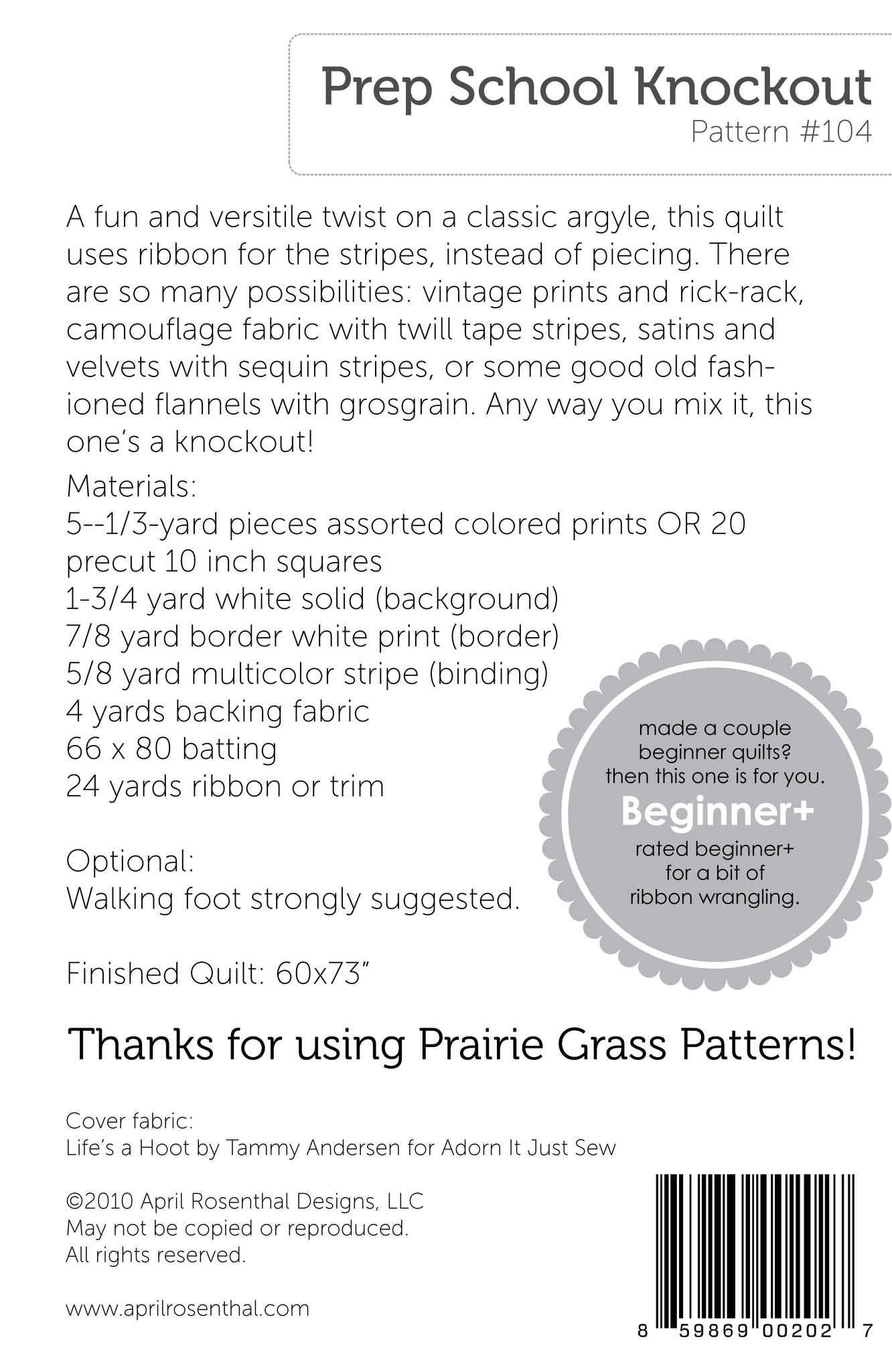 #104 - Prep School Knockout PAPER Pattern – Prairie Grass Patterns